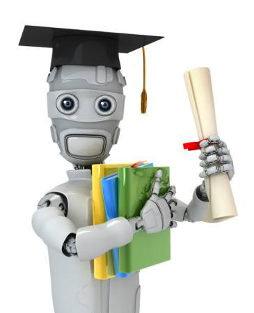 απόφοιτος, ρομπότ, χαρτί, δίπλωμα, αρχεία, βιβλία, καπέλο Vladimir Nikitin - Dreamstime
