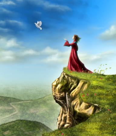 πουλί, γυναίκα, βράχο, πράσινο ουρανό, μύγα Andreus - Dreamstime