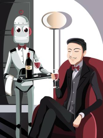 ρομπότ, άνθρωπος, κρασί, γυαλί Artisticco Llc - Dreamstime