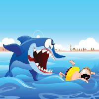Pixwords η εικόνα με του καρχαρία, κολύμπι, ο άνθρωπος, επίθεση, παραλία, άμμο, θάλασσα, νερό Zuura - Dreamstime