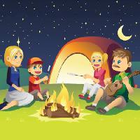 Pixwords η εικόνα με παιδιά, τραγουδούν, κιθάρα, φωτιά, φεγγάρι, ουρανός, σκηνή, γυναίκα Artisticco Llc - Dreamstime