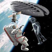 Pixwords η εικόνα με χώρο, αλλοδαπός, αστροναύτης, διαστημικό λεωφορείο, γη, σύμπαν Luca Oleastri - Dreamstime