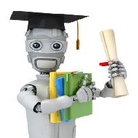 Pixwords η εικόνα με απόφοιτος, ρομπότ, χαρτί, δίπλωμα, αρχεία, βιβλία, καπέλο Vladimir Nikitin - Dreamstime