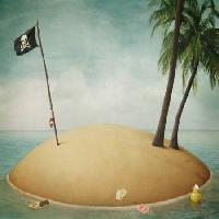 Pixwords η εικόνα με στην παραλία, σημαία, πειρατής, το νησί Annnmei - Dreamstime