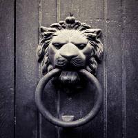 Pixwords η εικόνα με λιοντάρι, δαχτυλίδι, το στόμα, πόρτα Mauro77photo - Dreamstime