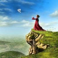 Pixwords η εικόνα με πουλί, γυναίκα, βράχο, πράσινο ουρανό, μύγα Andreus - Dreamstime