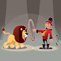 Pixwords η εικόνα με λιοντάρι, ο άνθρωπος, κύκλος, τσίρκο, ζώο Danilo Sanino - Dreamstime